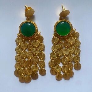 Handmade Elegant Gold and Green Gemstone Chandelier Earrings Brand New